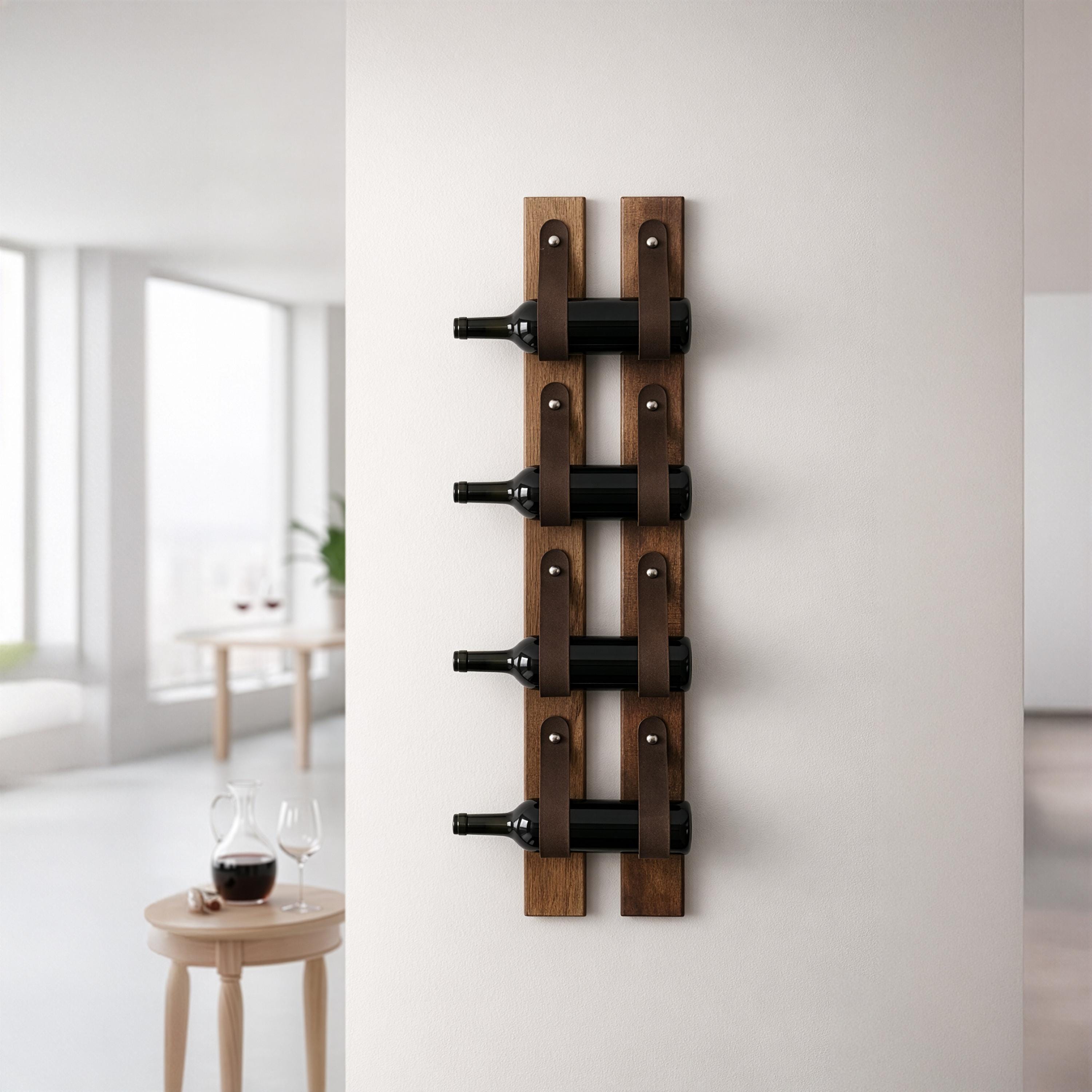 Handmade Leather & Wood Wall Mounted Wine Rack
