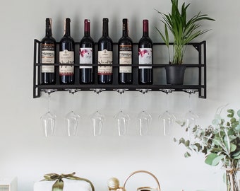 Modern Metal Wall Mounted Wine Rack - Holds 7 Bottles and 7 Glasses. Decorative Stylish Special Design.