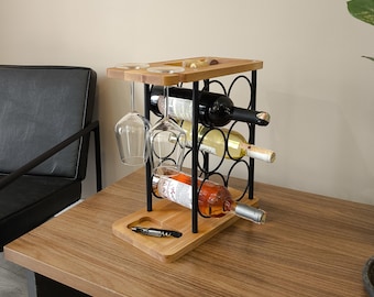 Wood & Metal Wine Rack – 6 Bottle and Glass Holder – Rustic Industrial Design