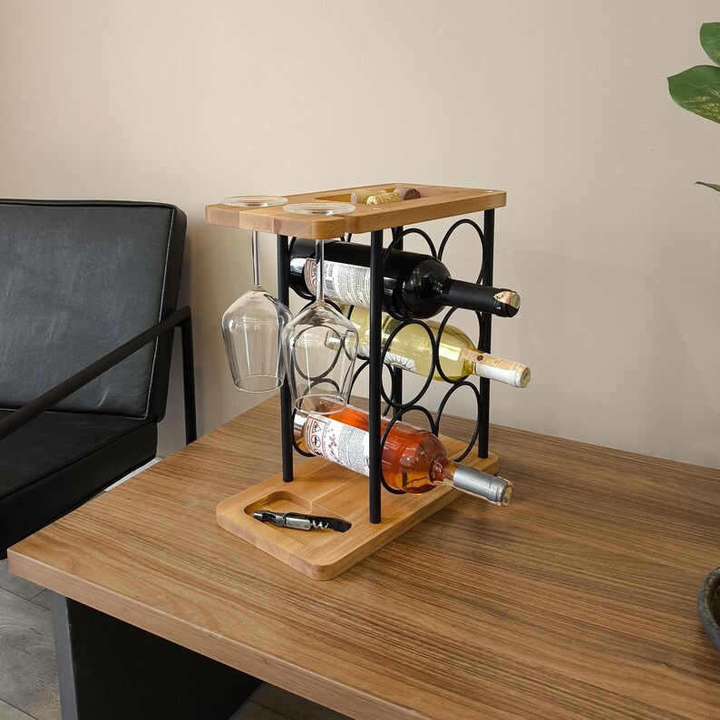 Wood & Metal Wine Rack – 6 Bottle and Glass Holder – Rustic Industrial ...