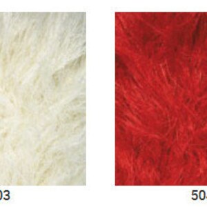May include: Four samples of faux fur fabric in different colors: black, white, red, and gray.