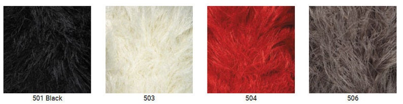 May include: Four samples of faux fur fabric in different colors: black, white, red, and gray.