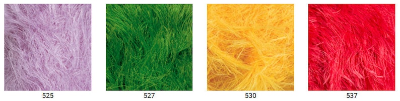 May include: Four samples of faux fur fabric in different colors: lavender, green, yellow, and red.
