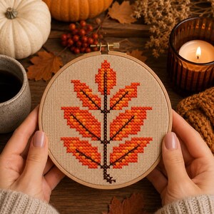 May include: A circular wooden embroidery hoop containing a cross-stitch pattern of a single autumn leaf. The leaf is stitched in shades of orange, red, and yellow on a light beige fabric background, featuring a dark brown central stem and veins.