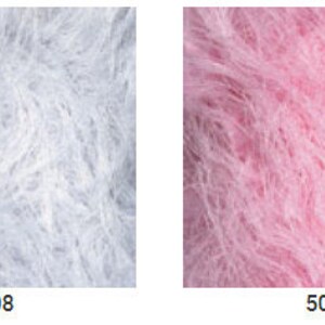 May include: Four samples of fuzzy yarn in different colors: black, white, pink, and light blue.