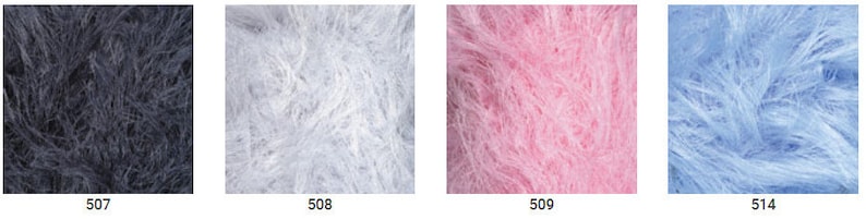 May include: Four samples of fuzzy yarn in different colors: black, white, pink, and light blue.
