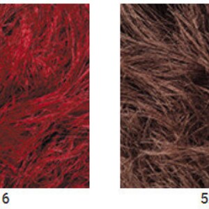 May include: Four samples of fuzzy yarn in different colors: pink, red, brown, and blue.