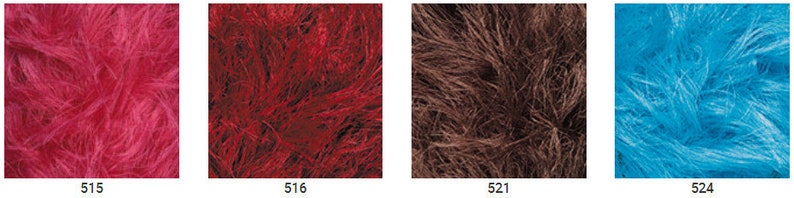 May include: Four samples of fuzzy yarn in different colors: pink, red, brown, and blue.