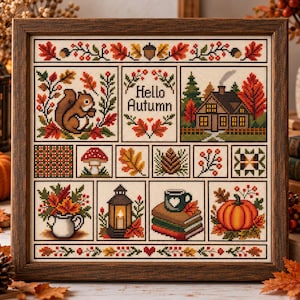 Puede incluir: Un cuadro de punto de cruz con motivos otoñales que incluyen una ardilla, una cabaña, una calabaza, un farol, una pila de libros con una taza y el texto Hello Autumn, dispuestos en una cuadrícula con bordes decorativos de hojas y bayas.