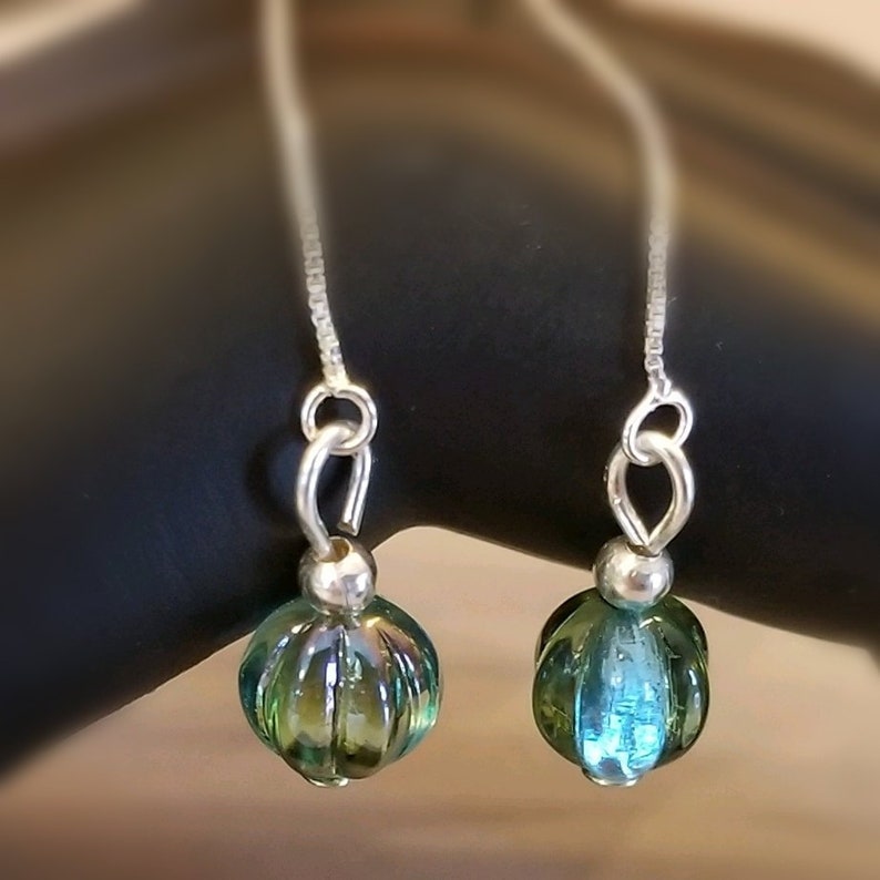 Stunning Sterling Silver Chain Dangle Earrings with Gorgeous Czech Glass Melon Bead