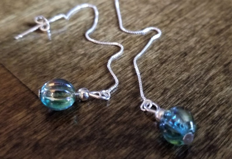 Stunning Sterling Silver Chain Dangle Earrings with Gorgeous Czech Glass Melon Bead