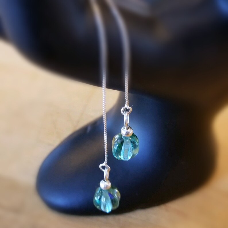 Stunning Sterling Silver Chain Dangle Earrings with Gorgeous Czech Glass Melon Bead
