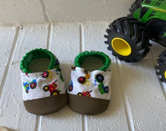 Farm baby moccasins, tractor baby shoes, farming buddy, baby items, newborn shoes