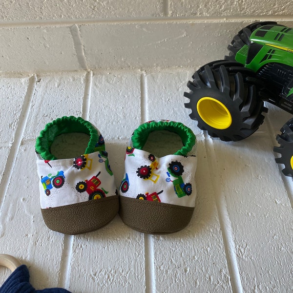 Farm baby moccasins, tractor baby shoes, farming buddy, baby items, newborn shoes