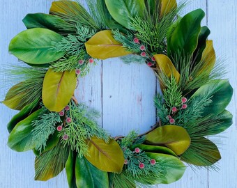Holiday Wreath, Christmas Wreath, Farmhouse Wreath, Pine Wreath, Magnolia Wreath for Front Door, Front Door Wreath, Cedar Wreath