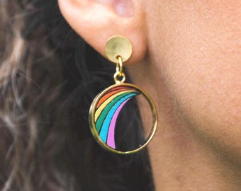 Handmade Rainbow Earrings: Mahogany Wood Studs with Gold-Plated Brass