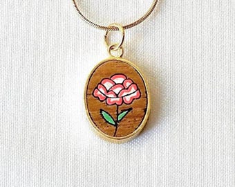 Hand-Painted Carnation Necklace: January Birth Flower, Gold-Plated Brass