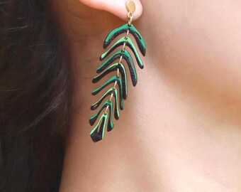 Gold Plated Brass Areca Palm Leaf Earrings Lightweight Rose Wood Tropical Nature Jewelry