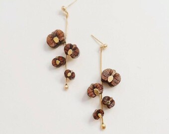 Orchid Earrings Wood Jewelry – Sungkai & Mahogany with Gold-Plated Brass, Indonesian National Flower Inspired Charm