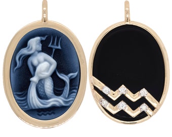 Luminous Gold Reversible Aquarius Carving Cameo Zodiac Diamond Pendant Necklace