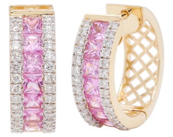 18 kt goud roze saffierdiamant prinses geslepen oorringen