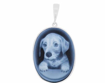 Sterling Silver Labrador Cameo Pendant | Natural Blue Agate Stone Jewelry
