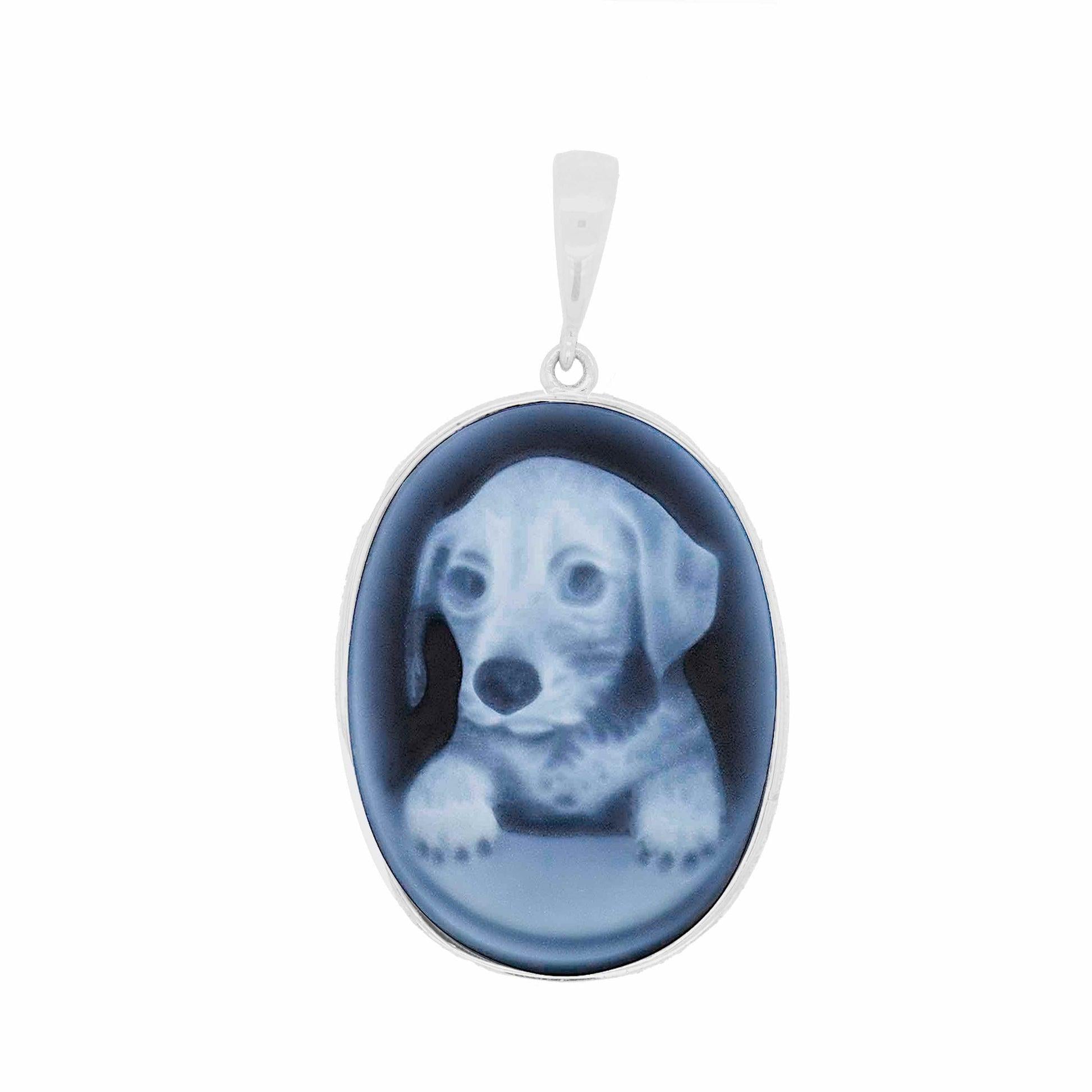 Sterling Silver Labrador Cameo Pendant Natural Blue Agate Stone Jewelry