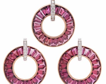 14K Rose Gold Circle Rhodolite Diamond Pendant Earrings Set