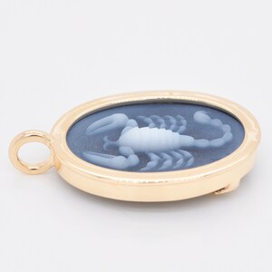 Pode incluir: Pingente oval dourado com um design detalhado de escorpi&atilde;o em tons de branco e azul. O pingente tem uma argola para corrente e um fecho na parte de tr&aacute;s. O escorpi&atilde;o &eacute; o ponto focal desta joia.