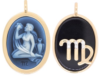 Reversible 14K Gold Virgo Agate Cameo Diamond Pendant Necklace