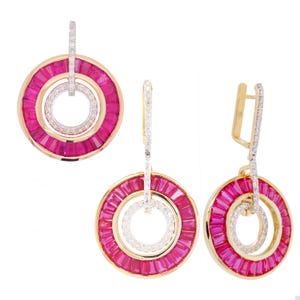 18K Yellow Gold Circle Ruby Diamond Pendant Earrings Set