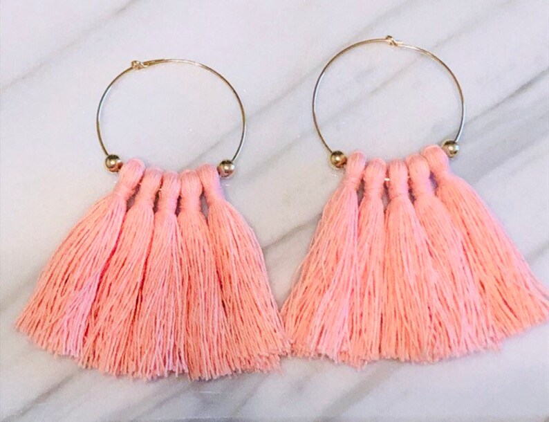 14K Gold Filled Hoop Tassel Earrings Boho Tassel Earrings Etsy