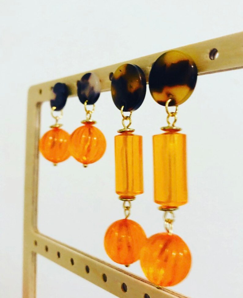 Transparent orange lucite earrings Orange lucite dangle on tortoise shell stud Vintage inspired long dangle earrings