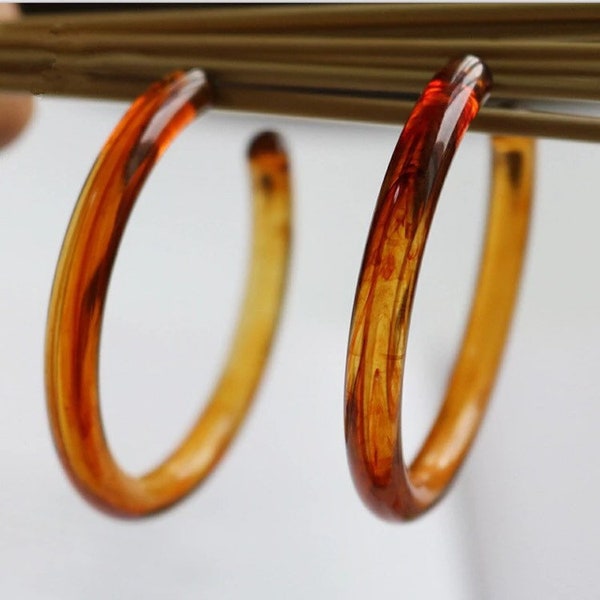 55mm Tortoise shell large hoop earrings, Amber lucite hoops, Acetate earrings