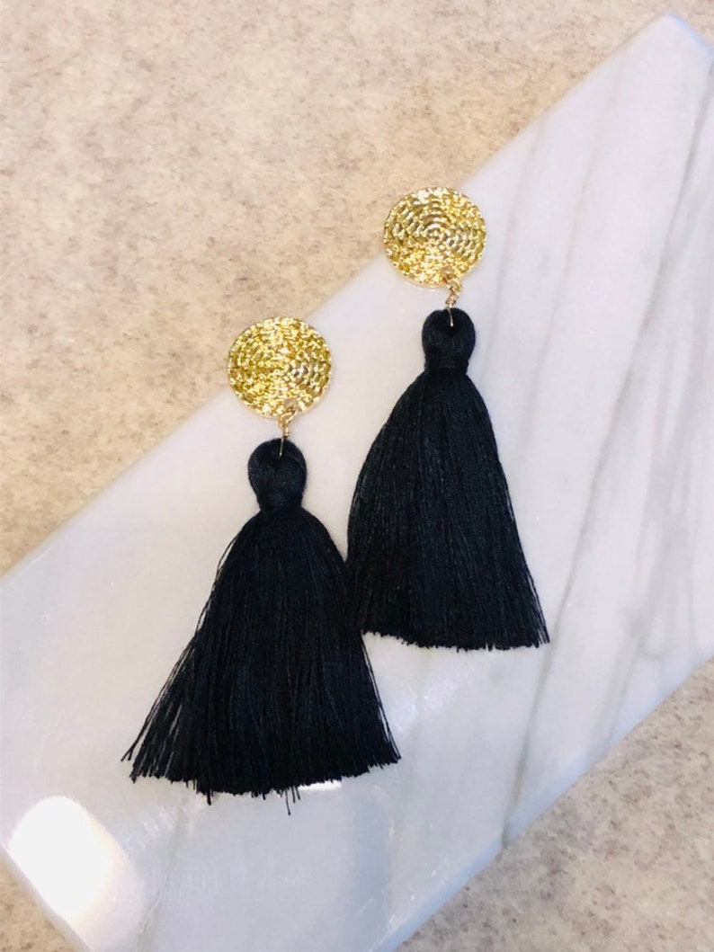 Geometric circle disc earring stud long tassel dangle drop earrings Chunky organic cotton tassel earrings Handmade organic cotton tassel