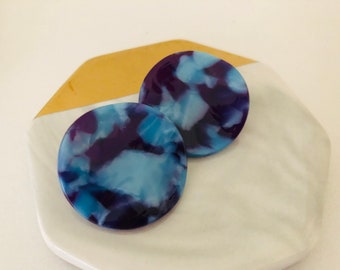 Orecchini per borchie a guscio di Tortioise da 35 mm, borchie a disco a disco misto blu e viola, orecchini a cerchio rotondo Dainty, borchie a disco medio