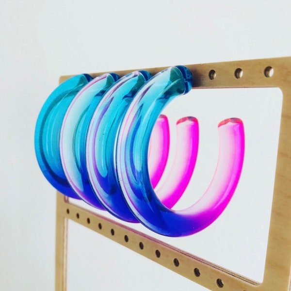 Lucite hoop, Neon pink to blue gradation chunky lucite hoops, Gradation transparent tube hoop earrings, Chunky translucent hoop earrings