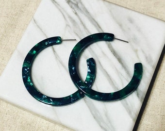 50mm Hunter green tortoise shell hoop earrings, Acetate earrings, Large tortoise shell hoops