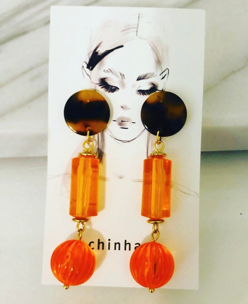 Transparent orange lucite earrings Orange lucite dangle on tortoise shell stud Vintage inspired long dangle earrings