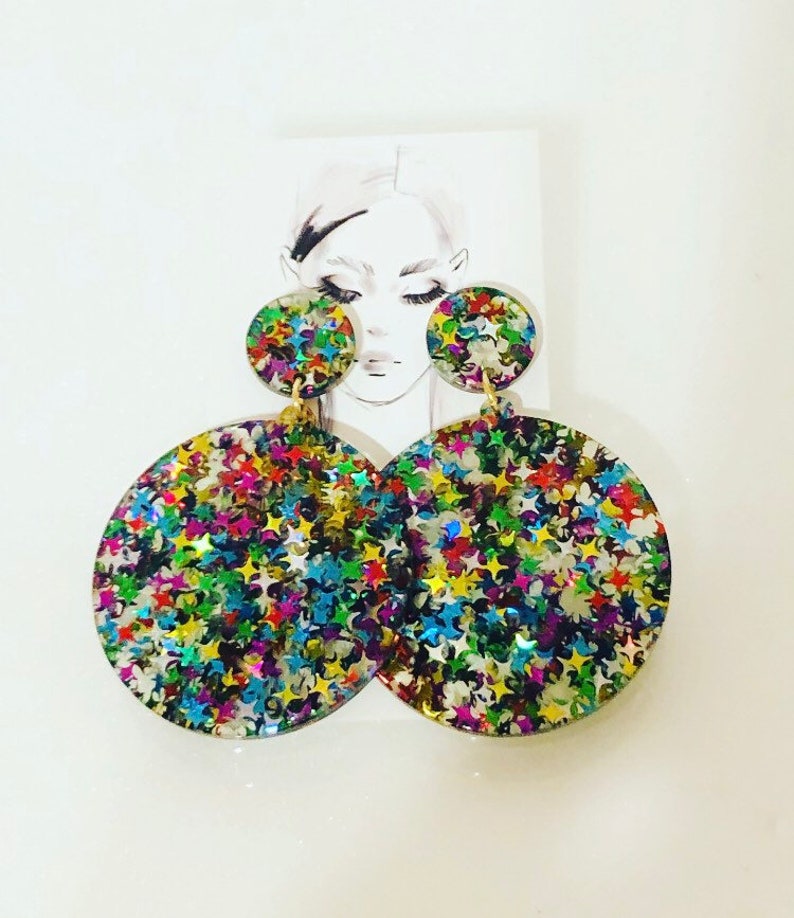 Multicolored star imprinted glitter disc dangle earrings Rainbow glitter lucite dangle earrings Galaxy round disc dangle earrings