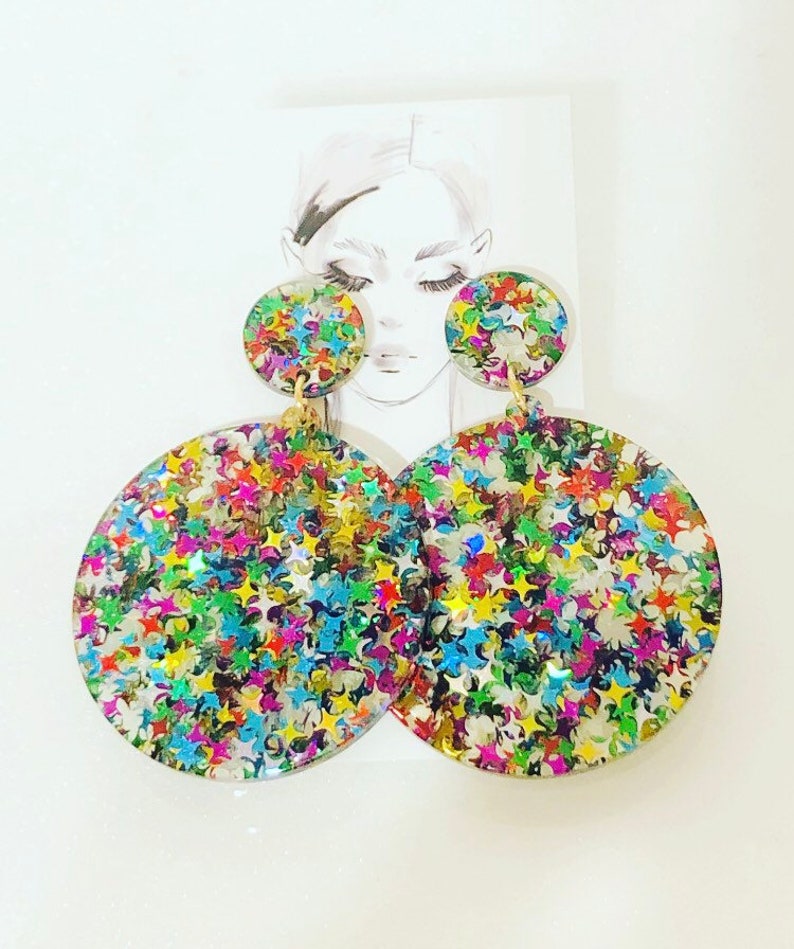 Multicolored star imprinted glitter disc dangle earrings Rainbow glitter lucite dangle earrings Galaxy round disc dangle earrings