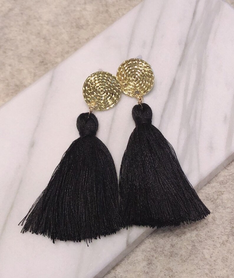 Geometric circle disc earring stud long tassel dangle drop earrings Chunky organic cotton tassel earrings Handmade organic cotton tassel