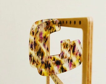 Purple yellow tortoise shell square hoop earrings, Acetate square hoops, Semi-transparent square hoop earrings