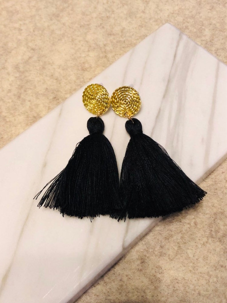 Geometric circle disc earring stud long tassel dangle drop earrings Chunky organic cotton tassel earrings Handmade organic cotton tassel