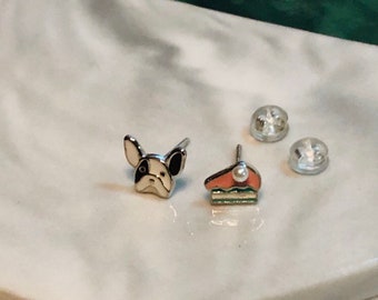 925 Sterling silver earrings, French bulldog and mini cake silver stud earrings, Asymmetric stud earrings, Girl’s earrings