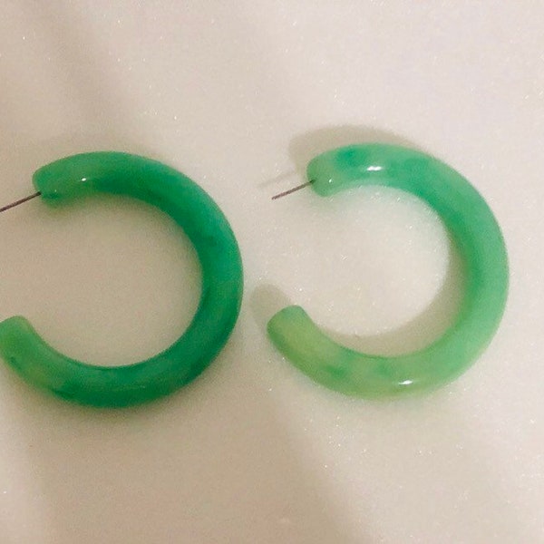 Lucite hoops, Jadeite lucite hoops,  Chunky tube hoop earrings, Vintage-inspired hoop earrings, Acetate hoop earrings, 80’s style hoops