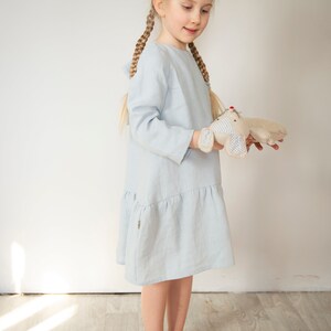 Girl linen dress, Drop Waist Linen Dress, A line dress, Tie Bow Back dress, Long Sleeves Dress, Baby linen dress, Spring dress, Blue dress image 3