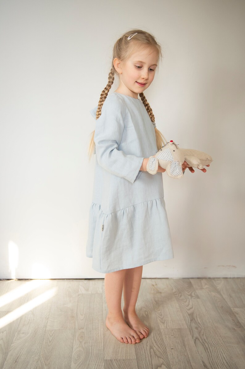 Girl linen dress, Drop Waist Linen Dress, A line dress, Tie Bow Back dress, Long Sleeves Dress, Baby linen dress, Spring dress, Blue dress image 3