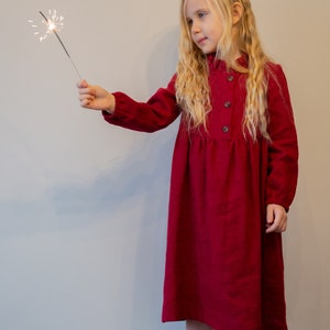 Linen dress ready to ship, ruffled collar linen dress, 116 cm size/6y size dress, front bottom dress, Loose fit dress, long sleeves,
