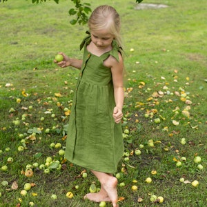 Girl Linen dress, Summer linen dress, Tie strap linen dress, Shoulder bow straps dress, Button front dress, Linen sundress,Green linen dress image 5